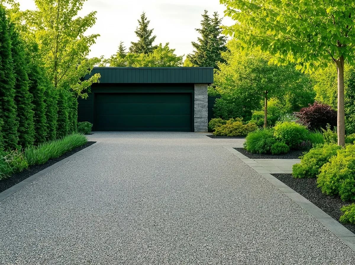 A modern residential exterior features a light grey resin-bound driveway leading to a dark green garage door, surrounded by lush green landscaping and mature trees.